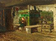Georg Saal view into a Blackforest living room with small girl on the oven bench oil on canvas
